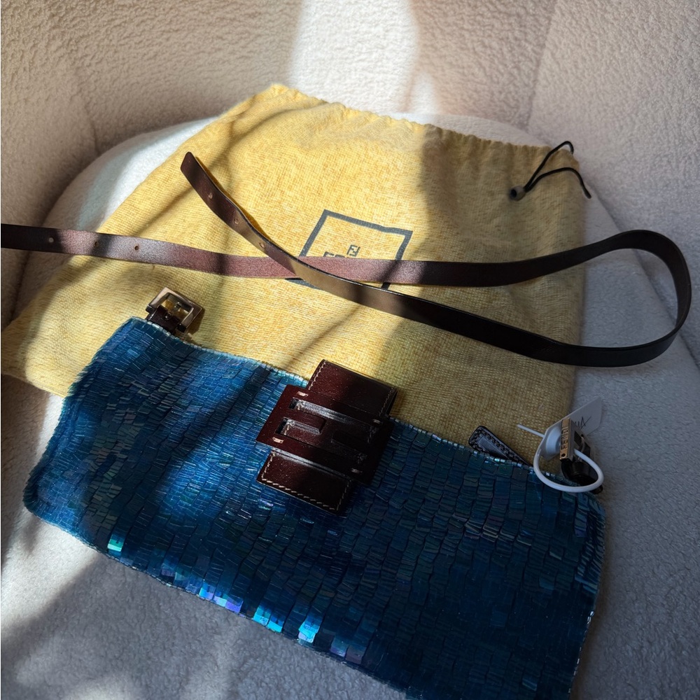 Fendi East West Baguette Mermaid Iridescent Sequins with Brown Leather Accents